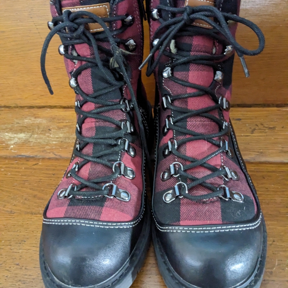 London Fog Black/Maroon Plaid Ankle Boots sz 8 Zip & Tie So Cute Very Good Cond! - Picture 9 of 11